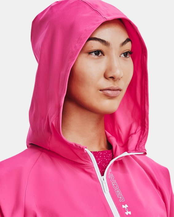 Women's UA Woven Full-Zip Jacket, Pink, pdpMainDesktop image number 3